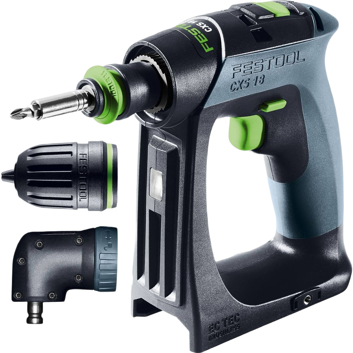 Compact cordless drill in black and green with interchangeable chuck and right-angle attachment for versatile home improvement use