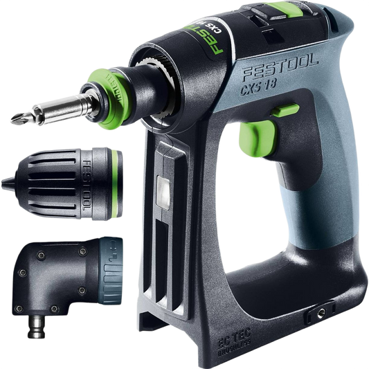 Compact cordless drill in black and green with interchangeable chuck and right-angle attachment for versatile home improvement use