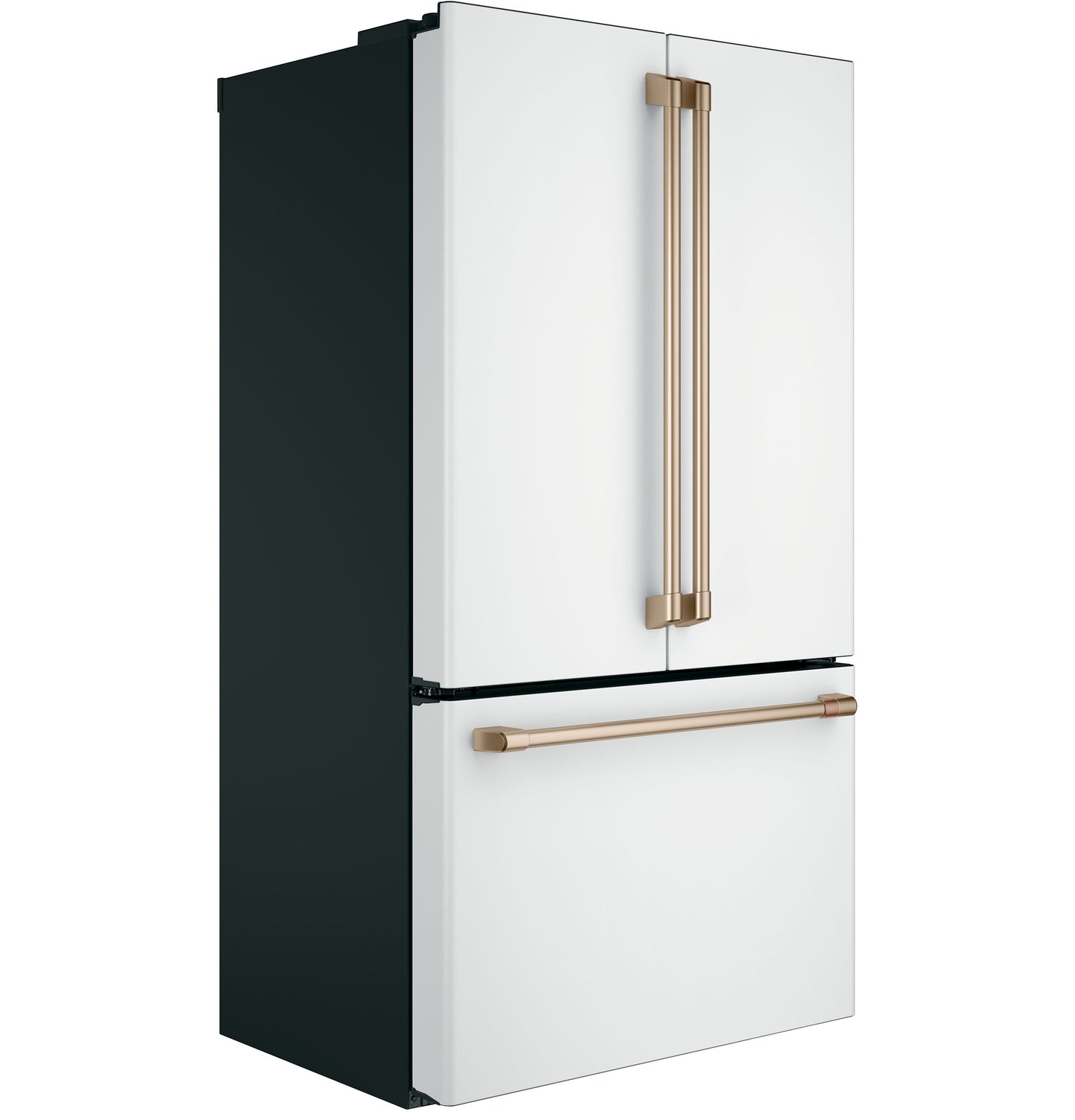 White counter-depth French-door refrigerator with bronze handles and bottom freezer drawer in kitchen appliances collection