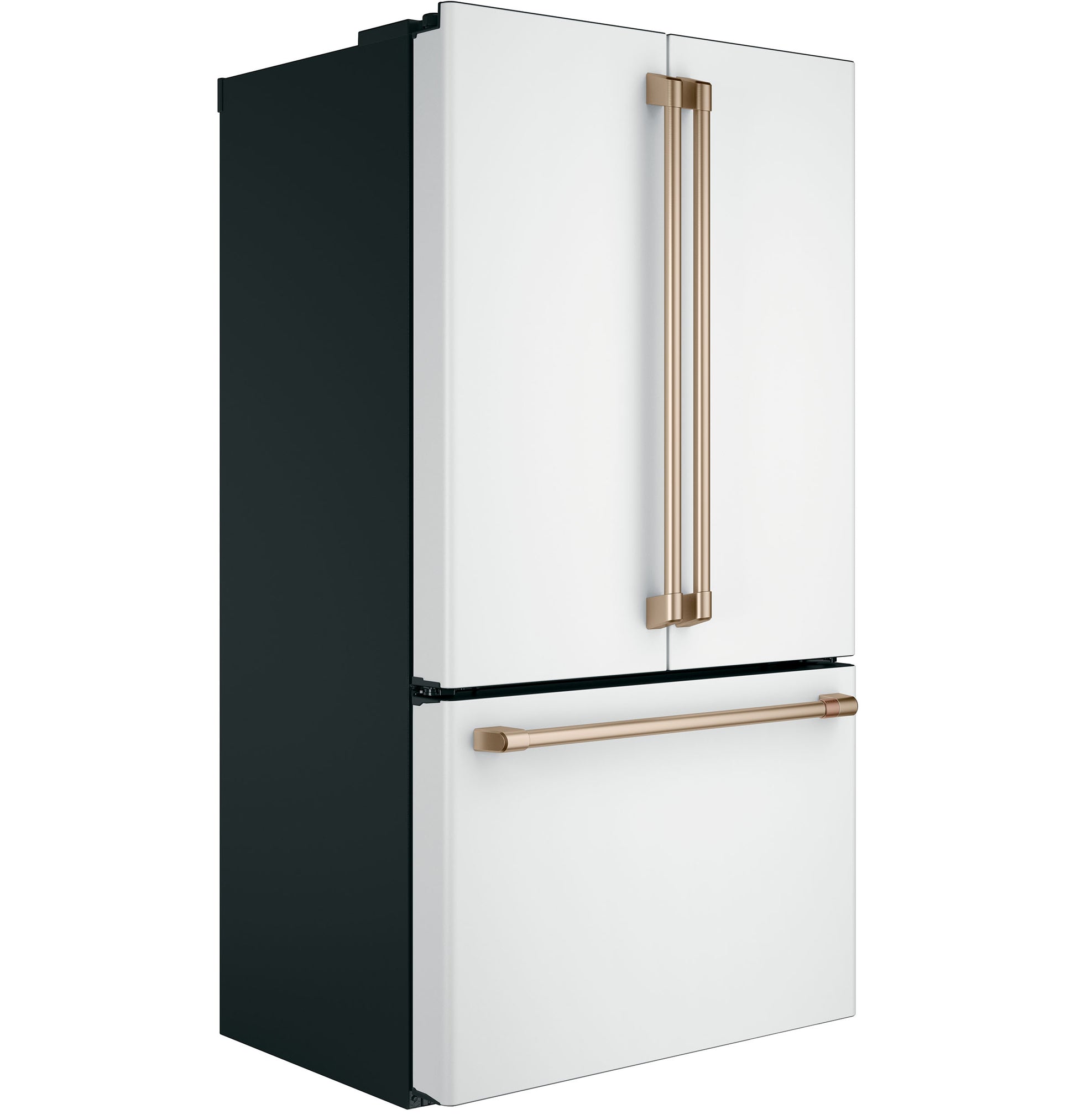 White counter-depth French-door refrigerator with bronze handles and bottom freezer drawer in kitchen appliances collection