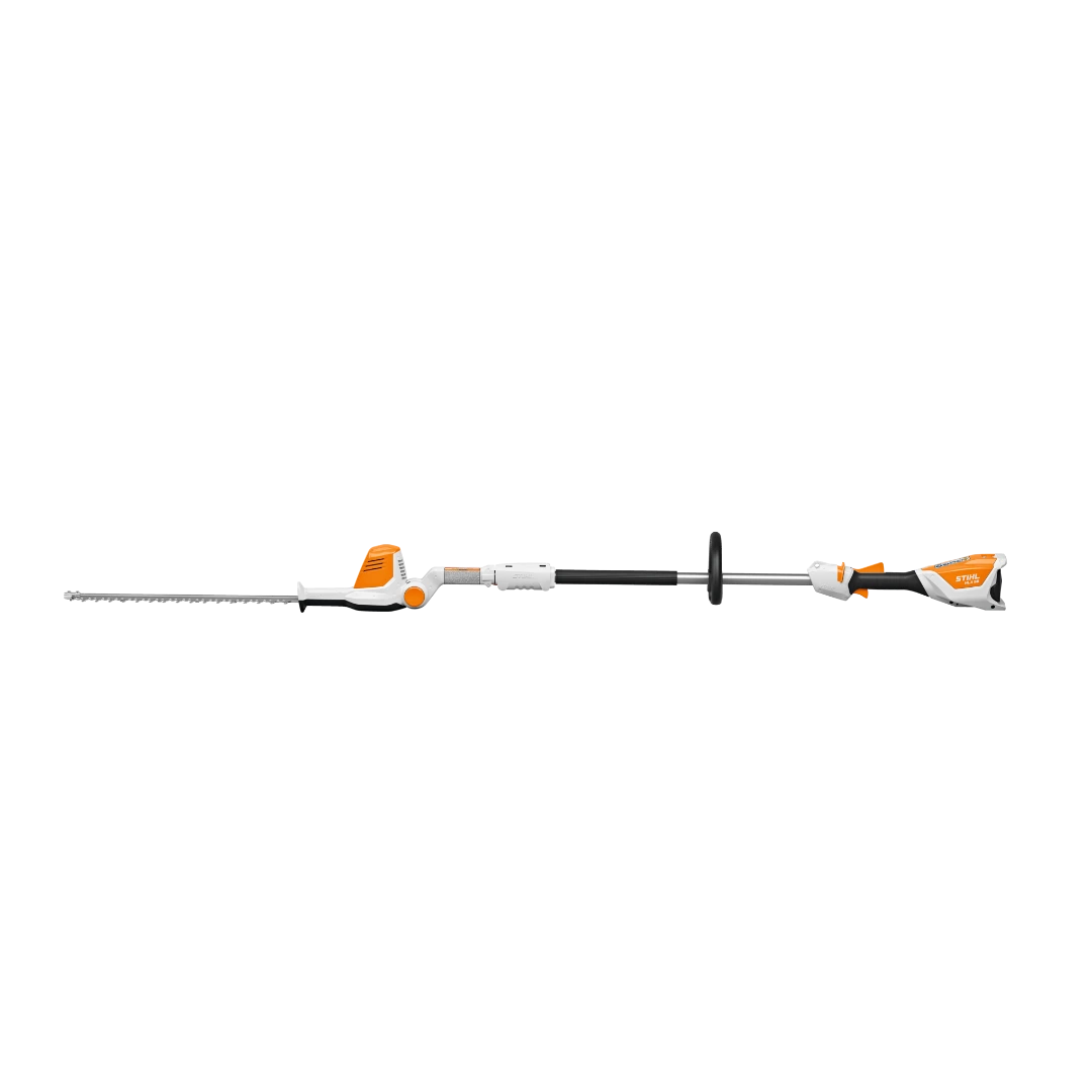 Battery-powered hedge trimmer with 135-degree adjustable cutting head and ergonomic orange and white handle for home improvement tasks