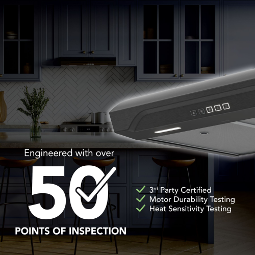 Under-cabinet range hood with digital controls and LED light in modern kitchen with dark cabinetry and backsplash