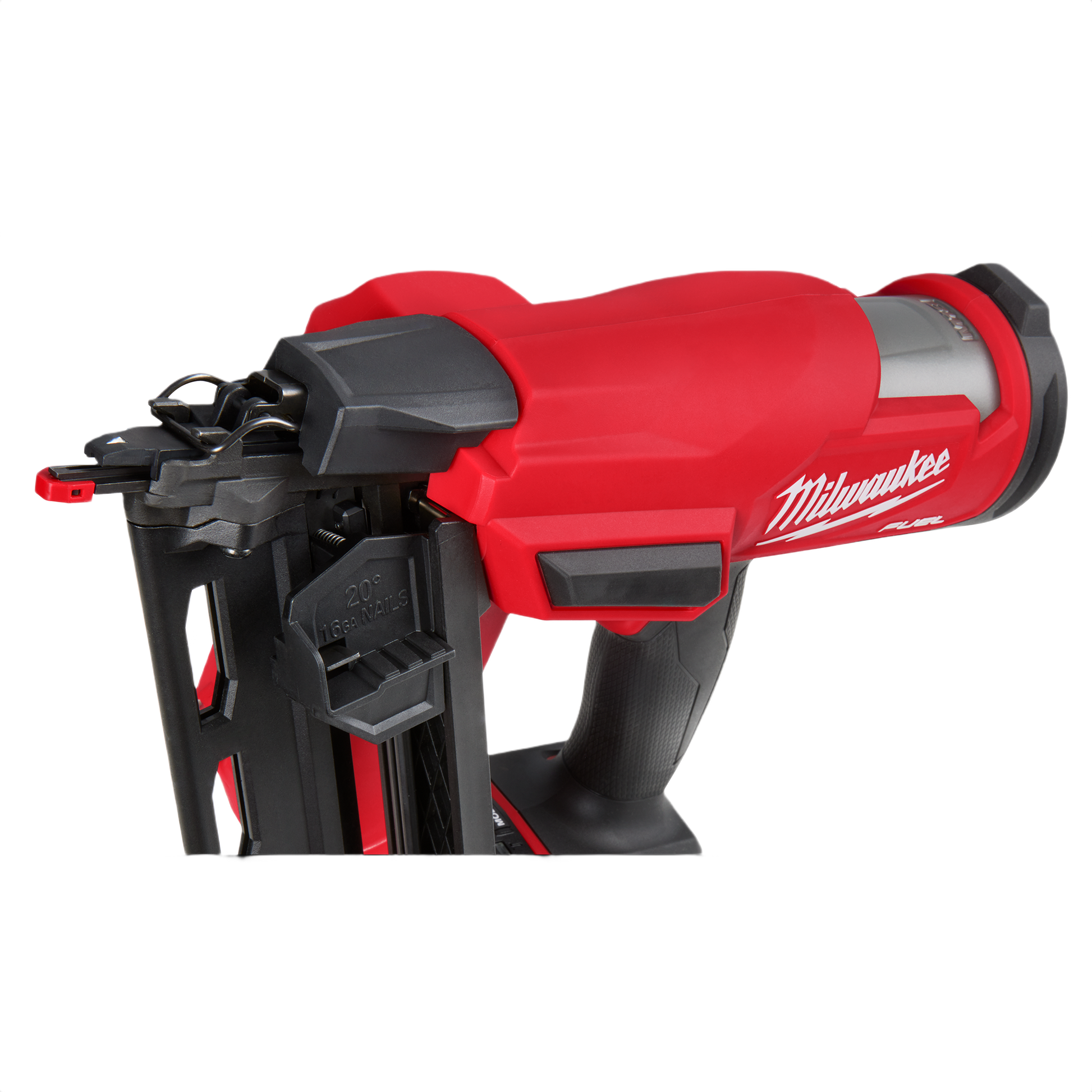 Red cordless angled finish nailer with ergonomic grip designed for precision and efficiency in tools and home improvement projects