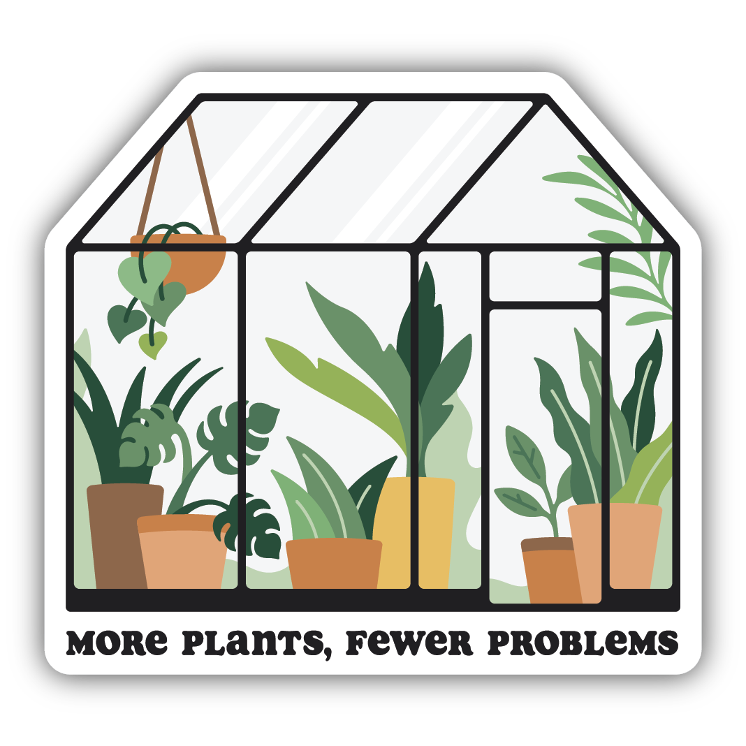 Illustration of a greenhouse filled with various potted green plants and the phrase more plants fewer problems