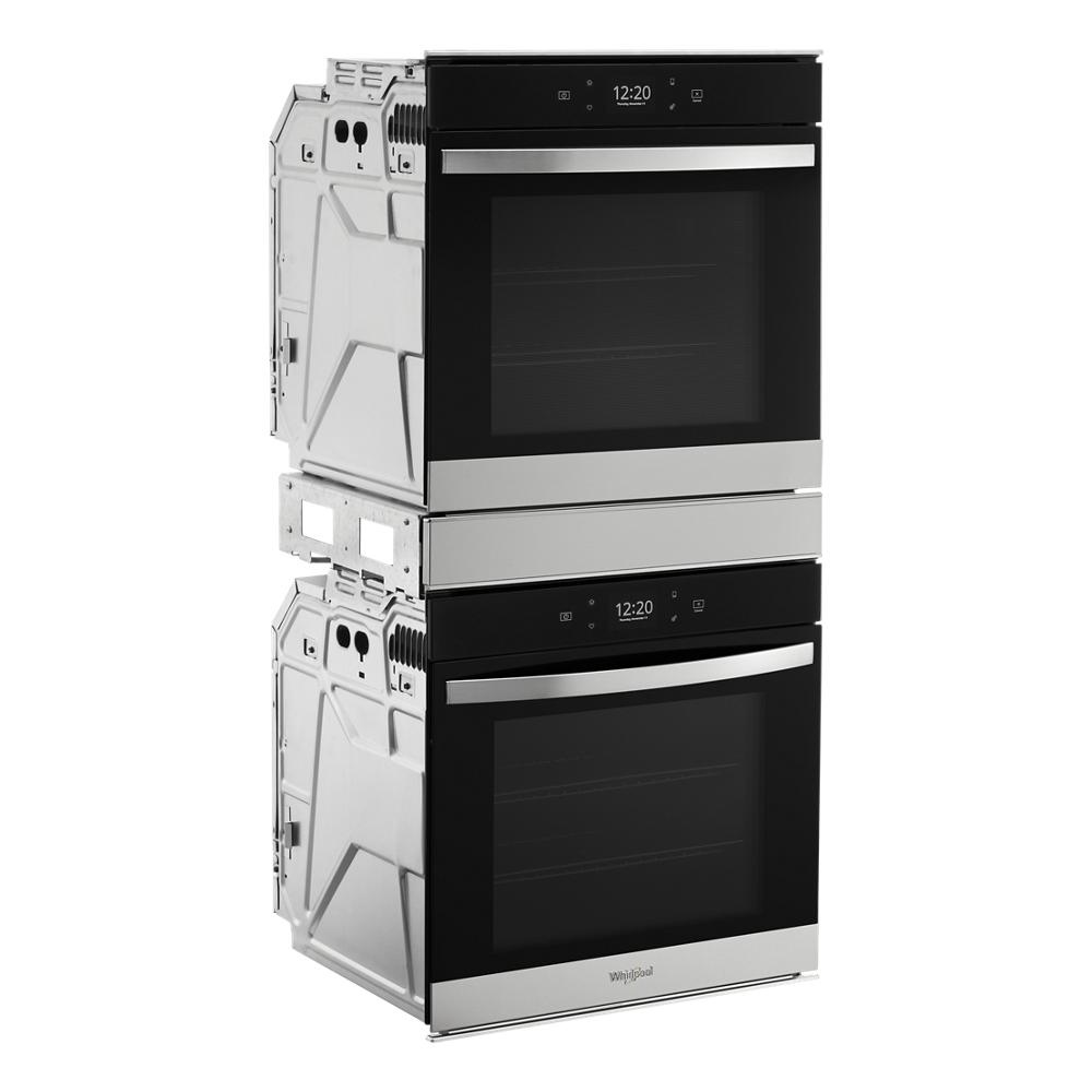 Stacked 24 inch double wall ovens with convection, featuring black glass doors, stainless steel handles, and digital control panels, part of Double Wall Ovens and Kitchen & Kitchenware collections.