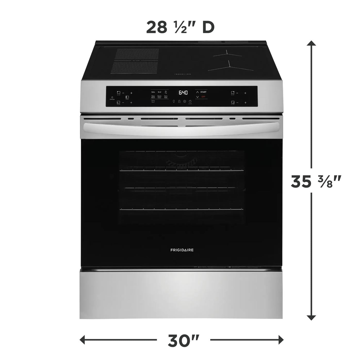 Stainless steel front control induction range with digital display and smooth cooktop, part of kitchen appliance collection