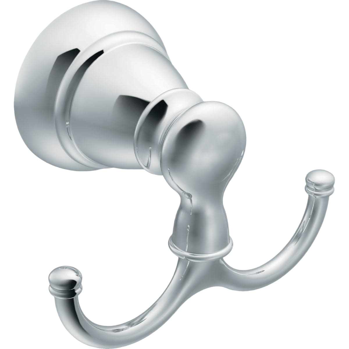 Chrome double robe hook with curved arms and rounded ends for home improvement and bathroom organization