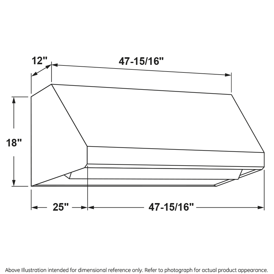Line drawing of a vent hood showing dimensions with 48-inch width, 18-inch height, and 25-inch depth for kitchen appliances.