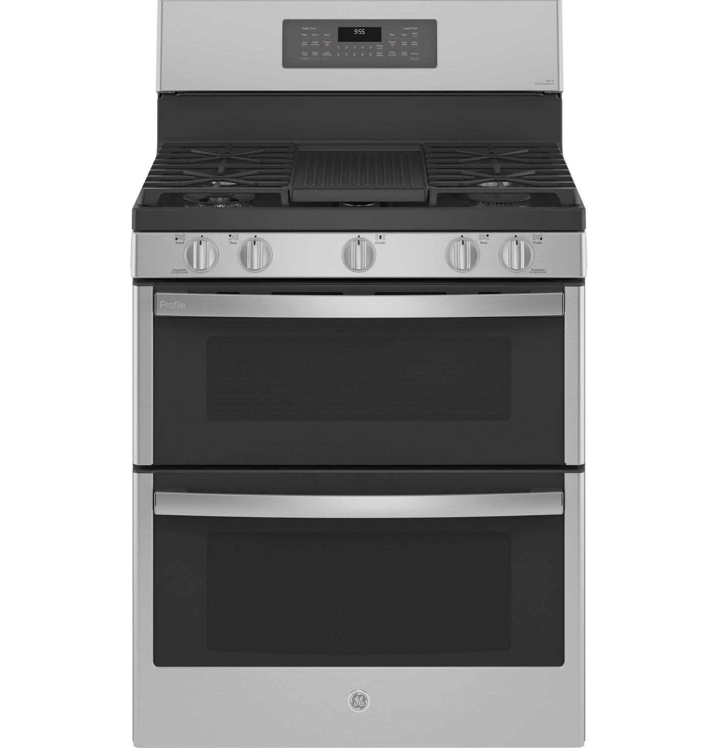 stainless steel free-standing gas range with double oven and digital control panel in kitchen appliances collection