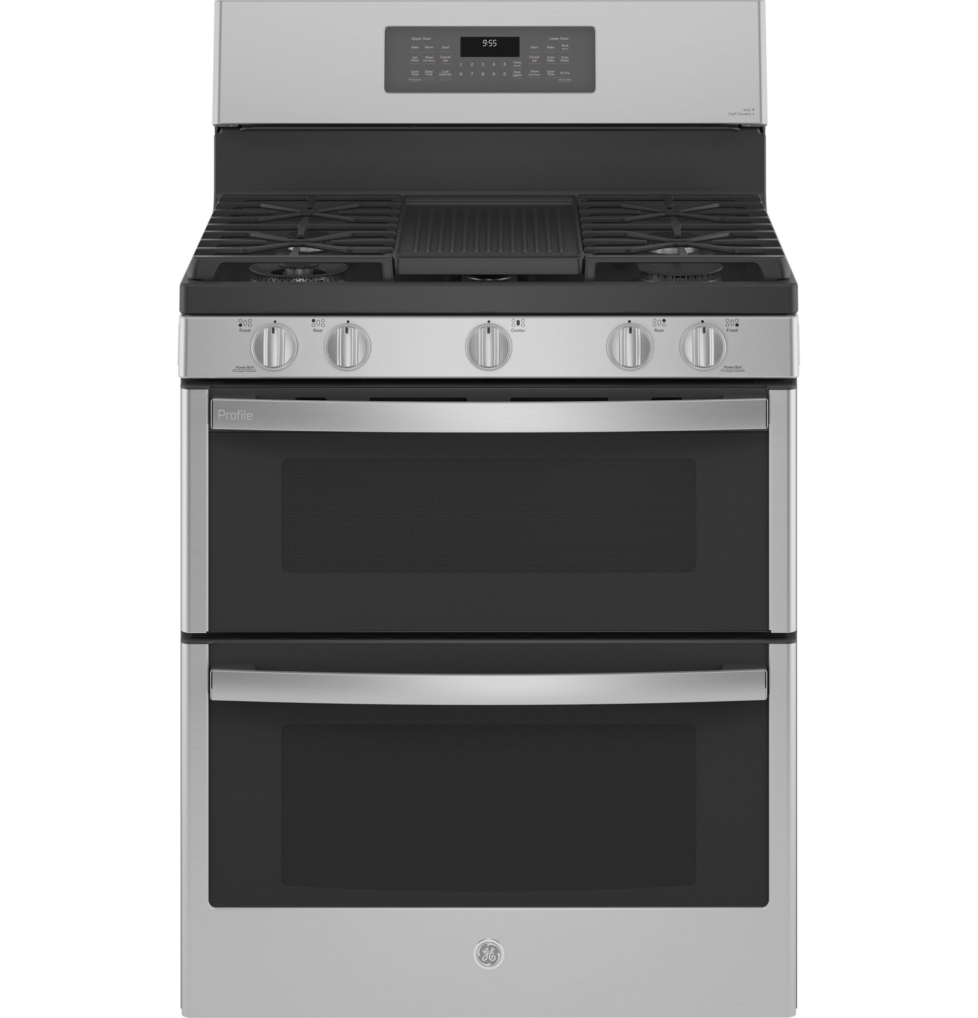 stainless steel free-standing gas range with double oven and digital control panel in kitchen appliances collection