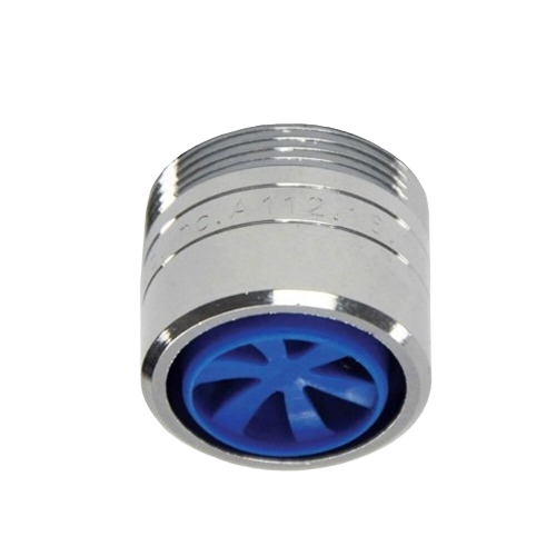 Chrome water-saving faucet aerator with blue flow regulator for plumbing repair and home improvement tools collections