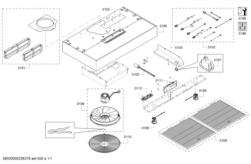 Exploded view diagram of stainless steel undercabinet hood parts with motor, filters, and mounting hardware in kitchen appliances collection