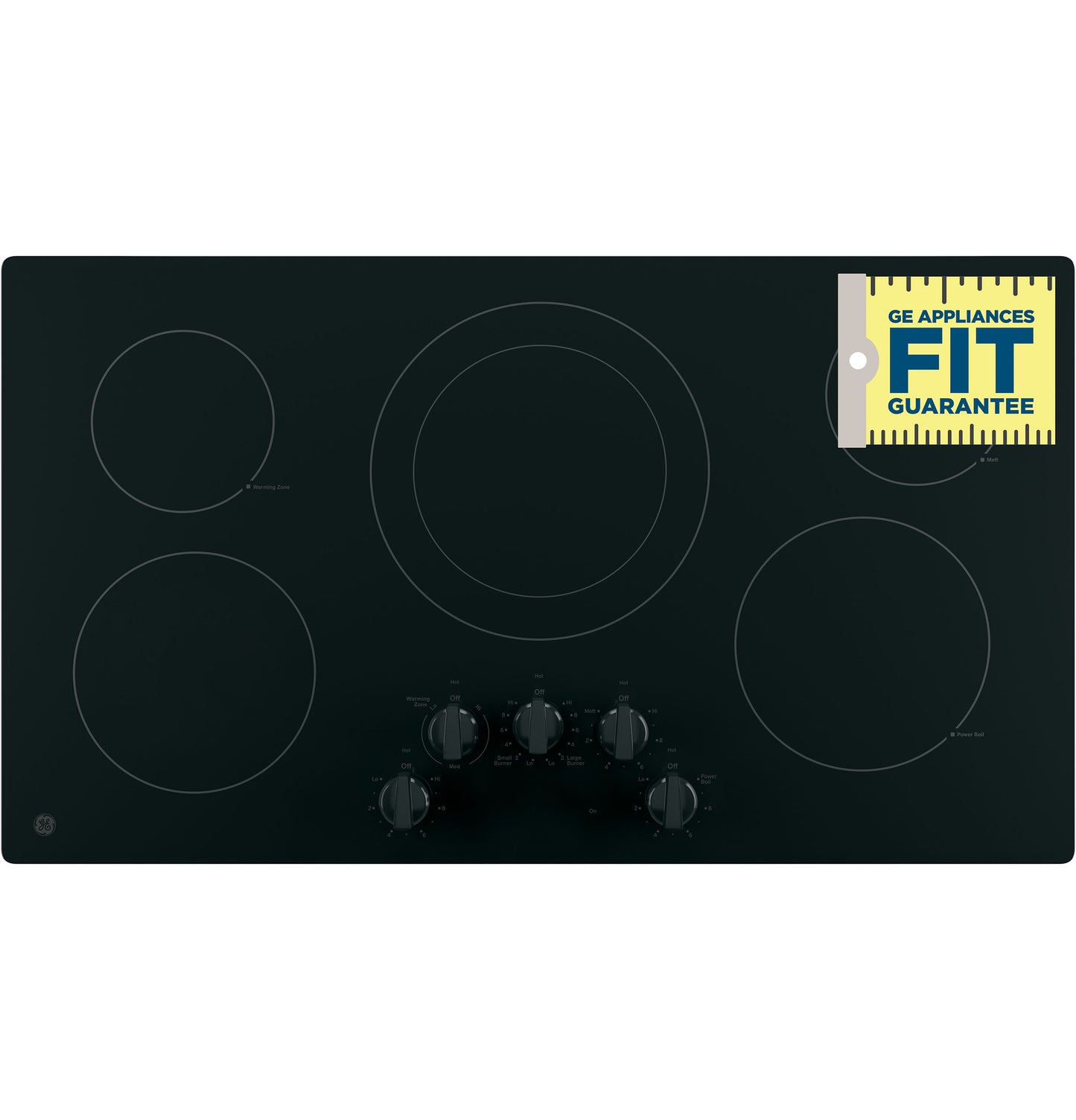 Black built-in electric cooktop with five circular heating elements and front knob controls in kitchen appliances setting