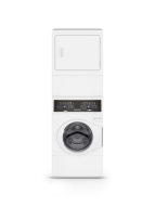 White 27" stacked front load gas washer and dryer combo with digital controls for appliance laundry centers