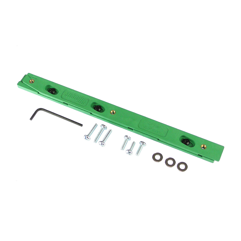 Green tool accessory bar with screws, washers, and hex key for precise woodworking and saw setups under fifty dollars