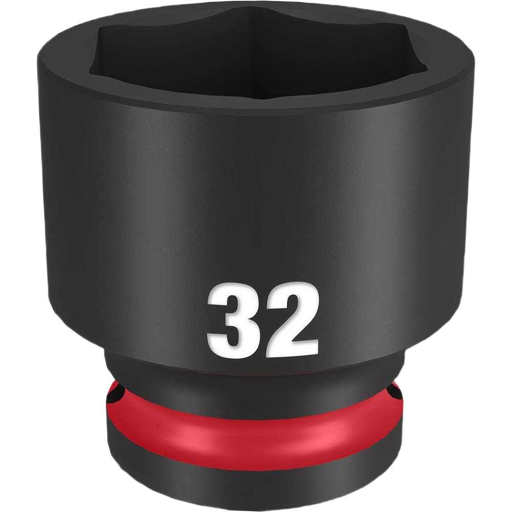 Black 32-mm impact socket with 6-point design and red ring, part of Milwaukee hand tools for home improvement tasks