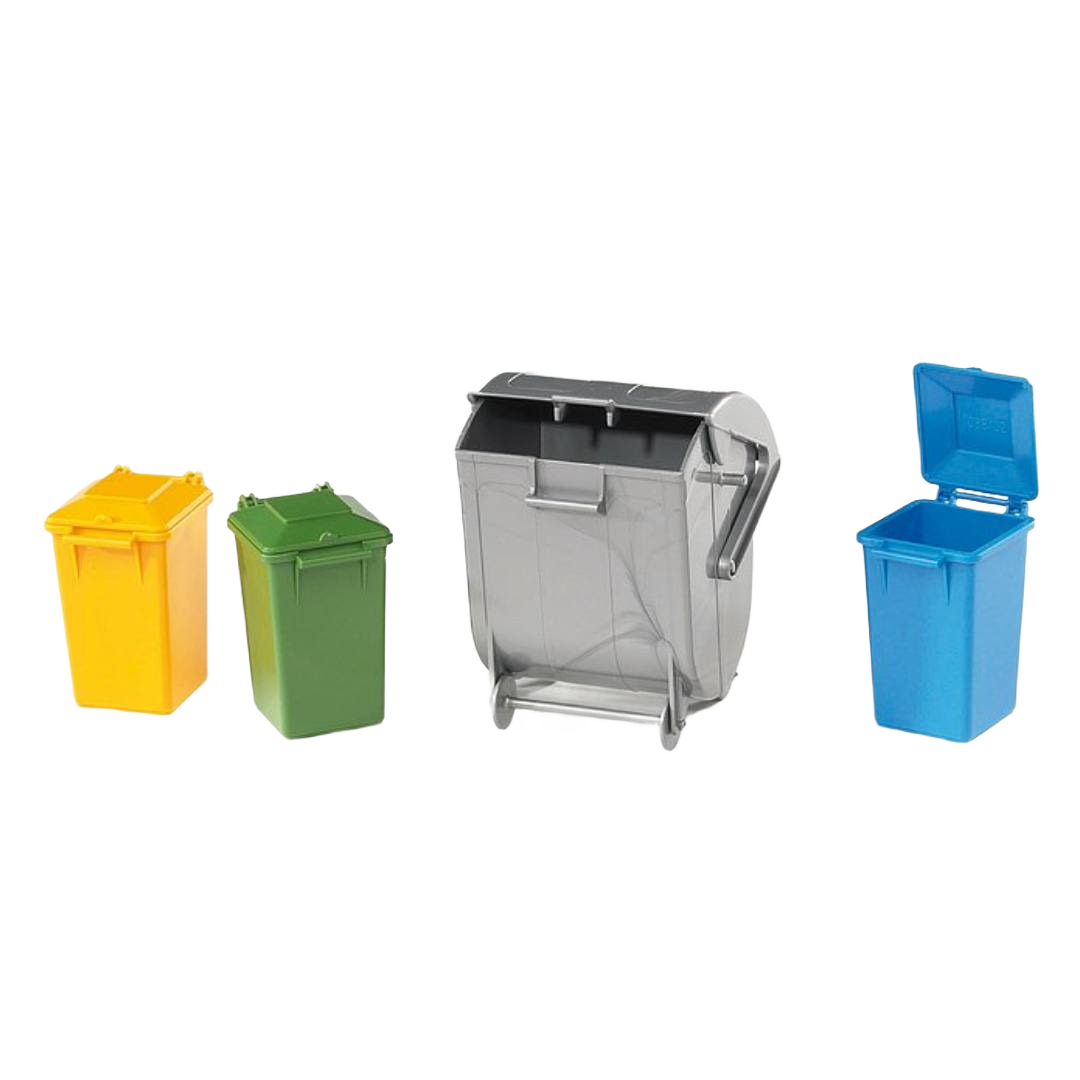 Set of four miniature toy garbage cans in yellow, green, gray, and blue for pretend play and home improvement fun