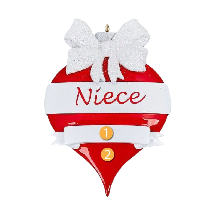 Red and white teardrop ornament with white bow and "Niece" text for Christmas Ornaments & Tree Decorations collection
