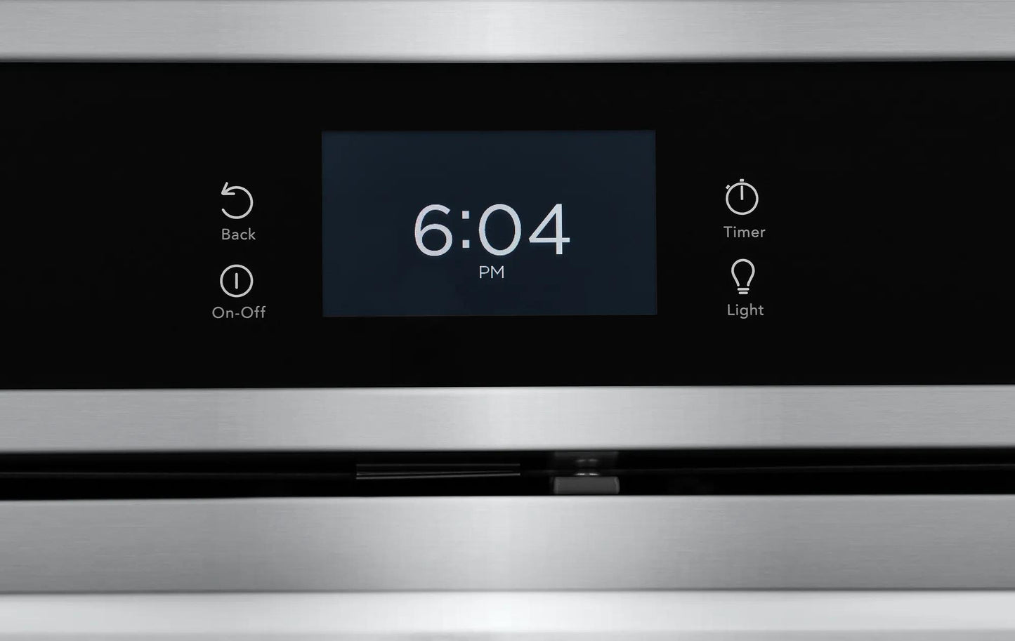 Digital control panel with clock display and touch buttons on stainless steel electric wall oven from kitchen appliances collection