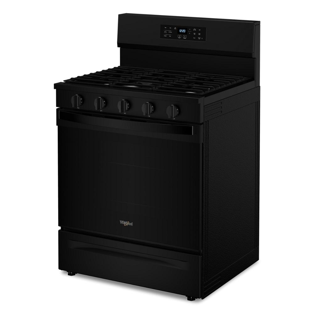 Freestanding black gas range with five control knobs and digital display, part of kitchen appliances and ranges collection