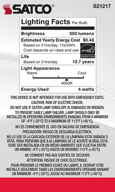 Energy label for Satco LED bulb with 350 lumens, 4-watt usage, cool 4000K light, and 13.7-year lifespan rating