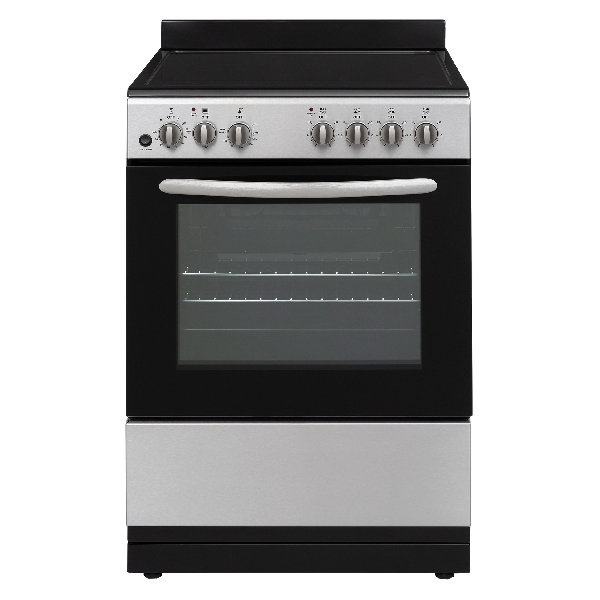 Front view of a compact stainless steel electric range with black glass oven door and control knobs on the panel