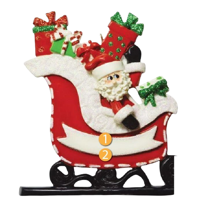 Red and white festive sleigh ornament with Santa and colorful presents for Christmas tree decorations under $50 collection