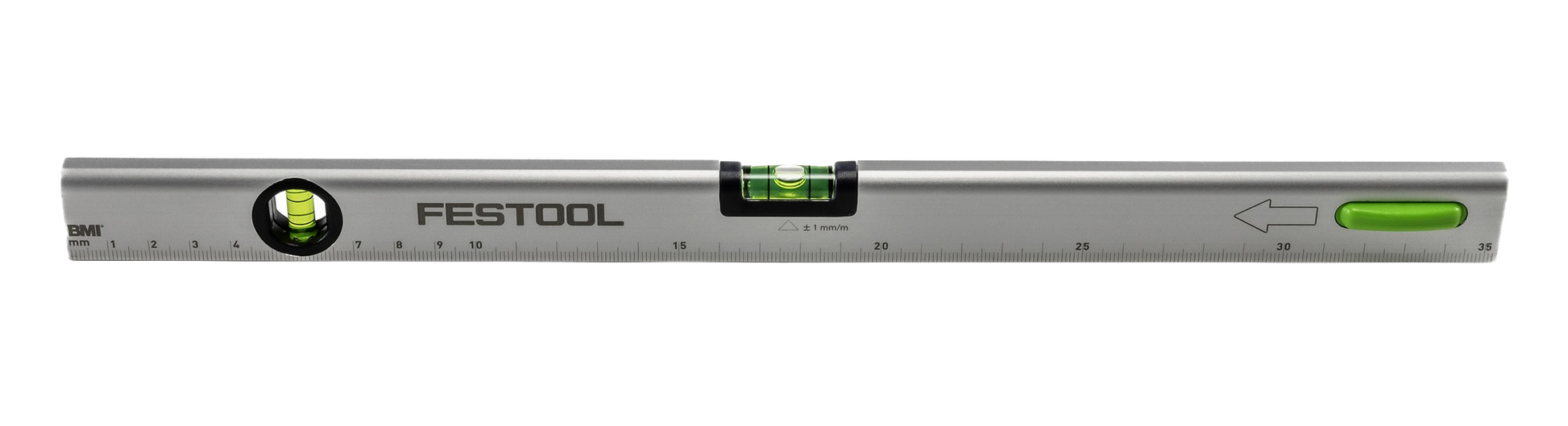 Silver aluminum spirit level with green bubble vials and measurement markings for precise tools and home improvement tasks