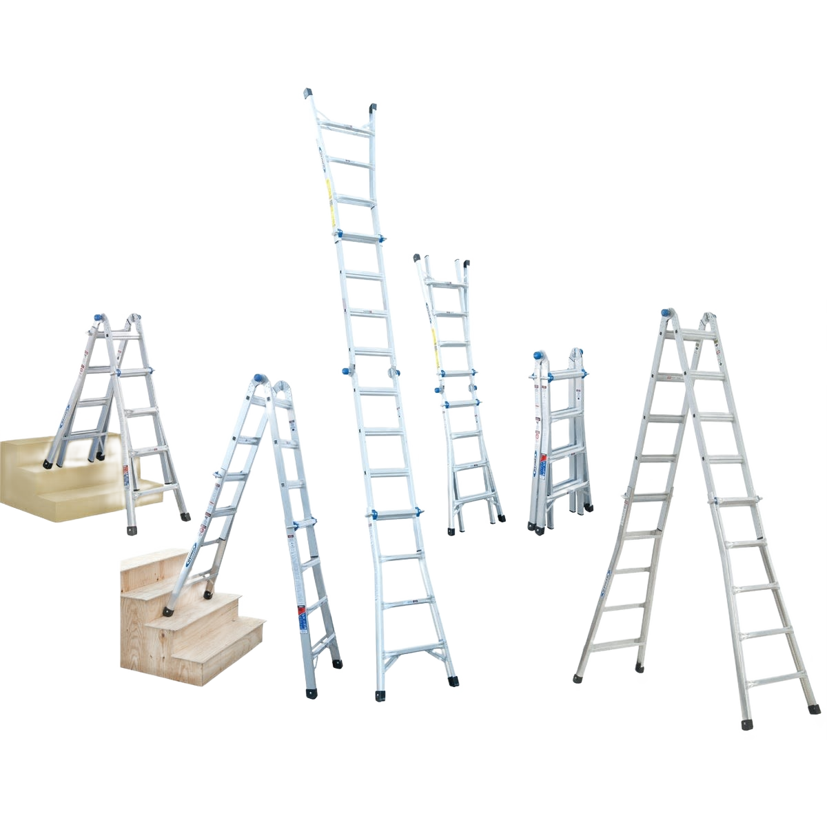 Aluminum multi-position telescoping ladder shown in various configurations for home improvement and tool use