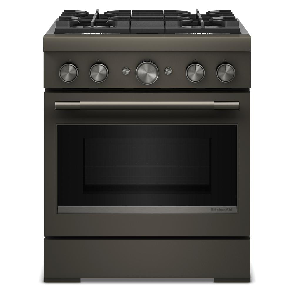 30-inch commercial-style dual fuel range with four burners, electric oven, and metal control knobs in KitchenAid appliances collection