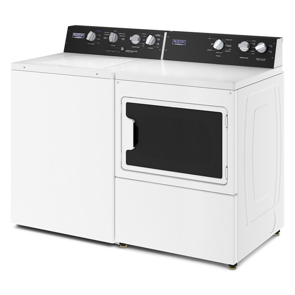 Side view of white commercial-grade washer and electric dryer set with black control panels from Dryers collection
