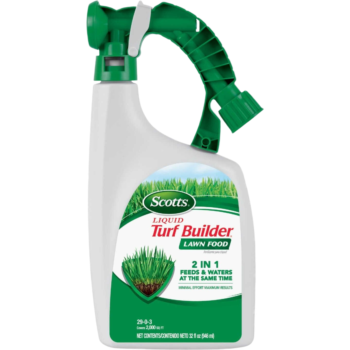 White and green spray bottle of Scotts Liquid Turf Builder lawn fertilizer for lawn care and garden maintenance under $50