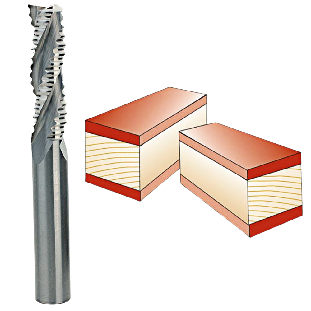 Spiral upcut roughing router bit next to two cut pieces of wood for woodworking and tool accessories collections under $100