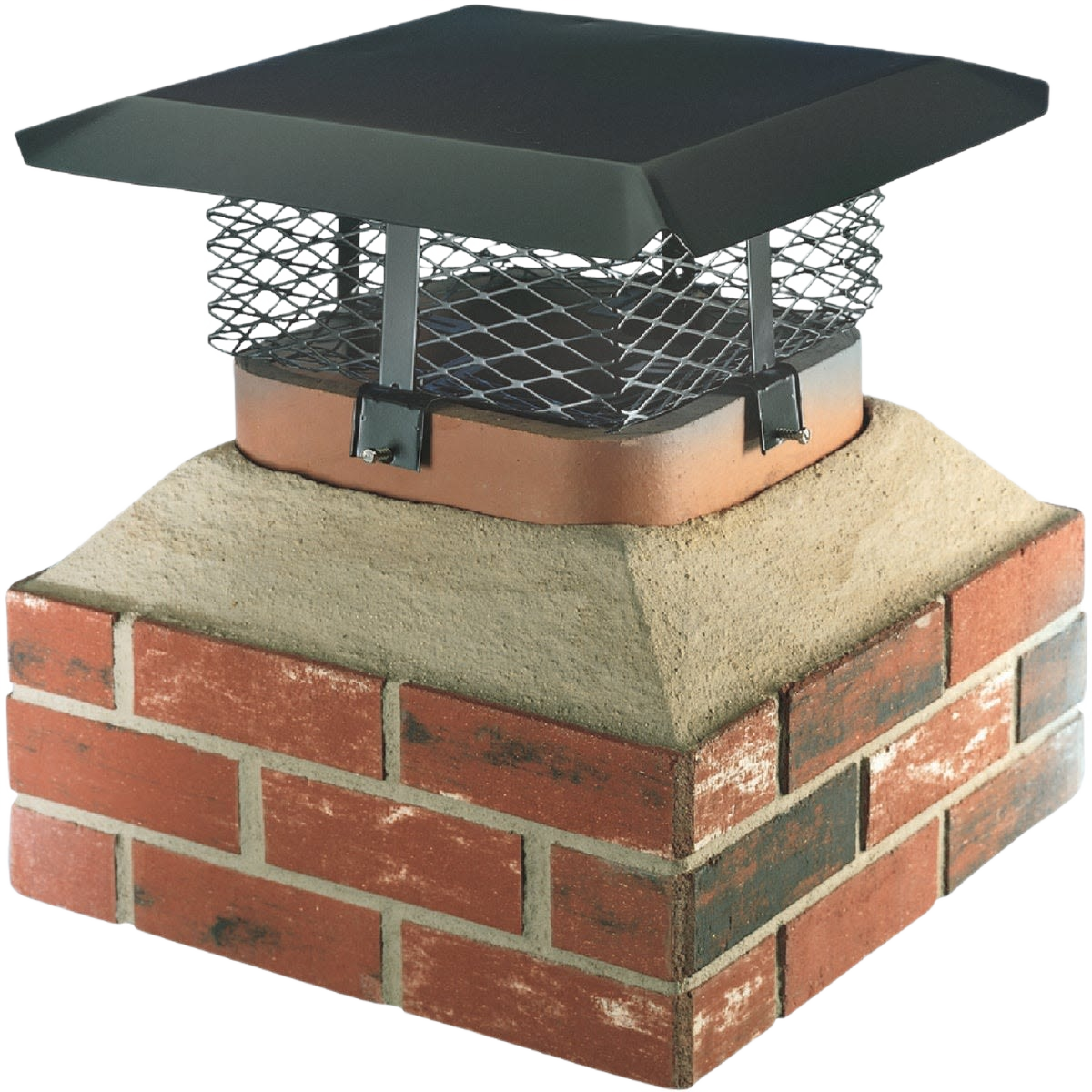 Black powder-coated adjustable chimney cap with galvanized steel mesh mounted on brick and mortar flue, plumbing tool option