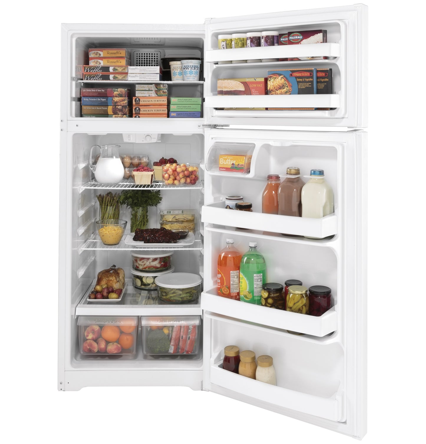 Open white top-freezer refrigerator with organized shelves and door bins stocked with food and beverages for kitchen appliances collection