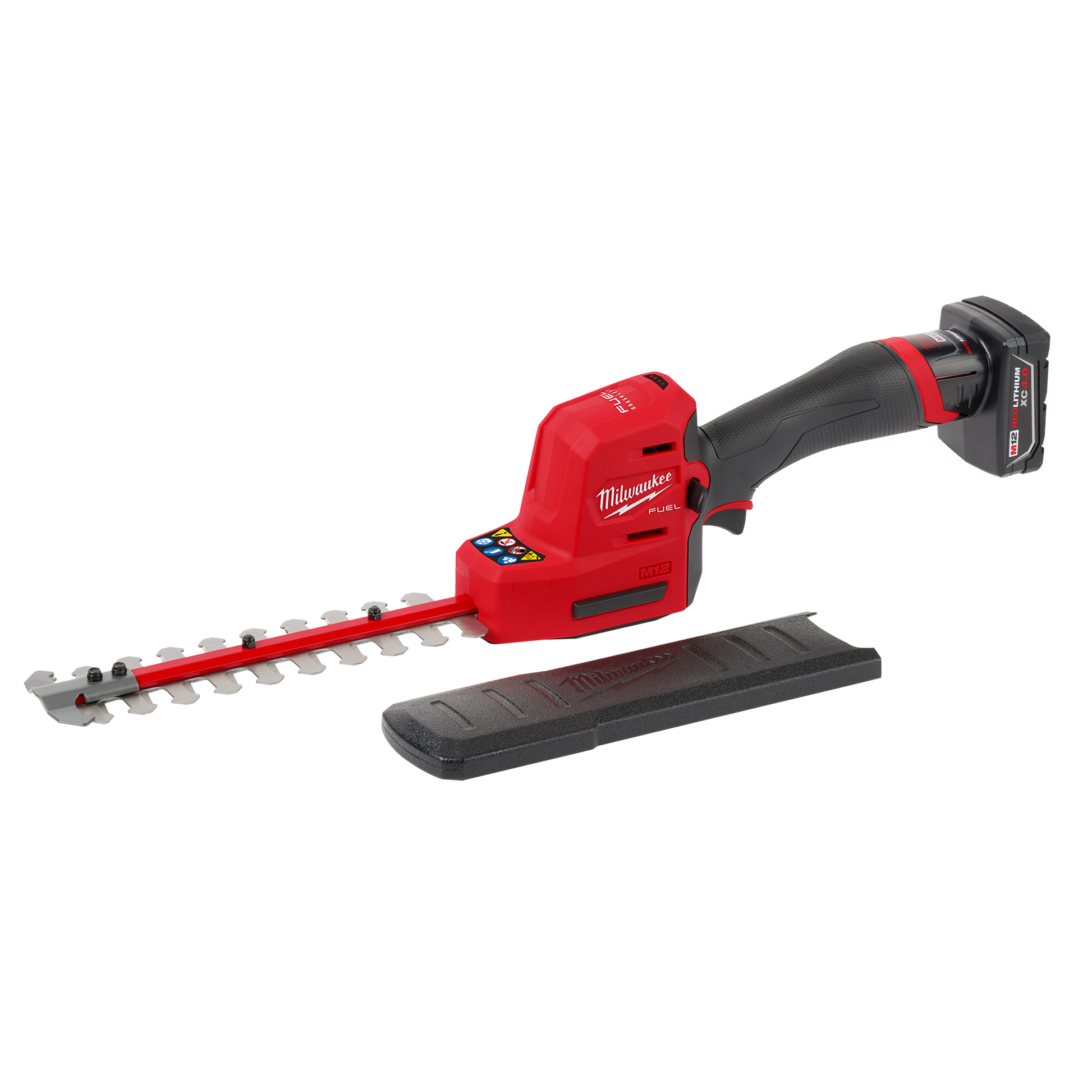 Red and black cordless hedge trimmer with battery attached and black blade guard for tools and home improvement tasks