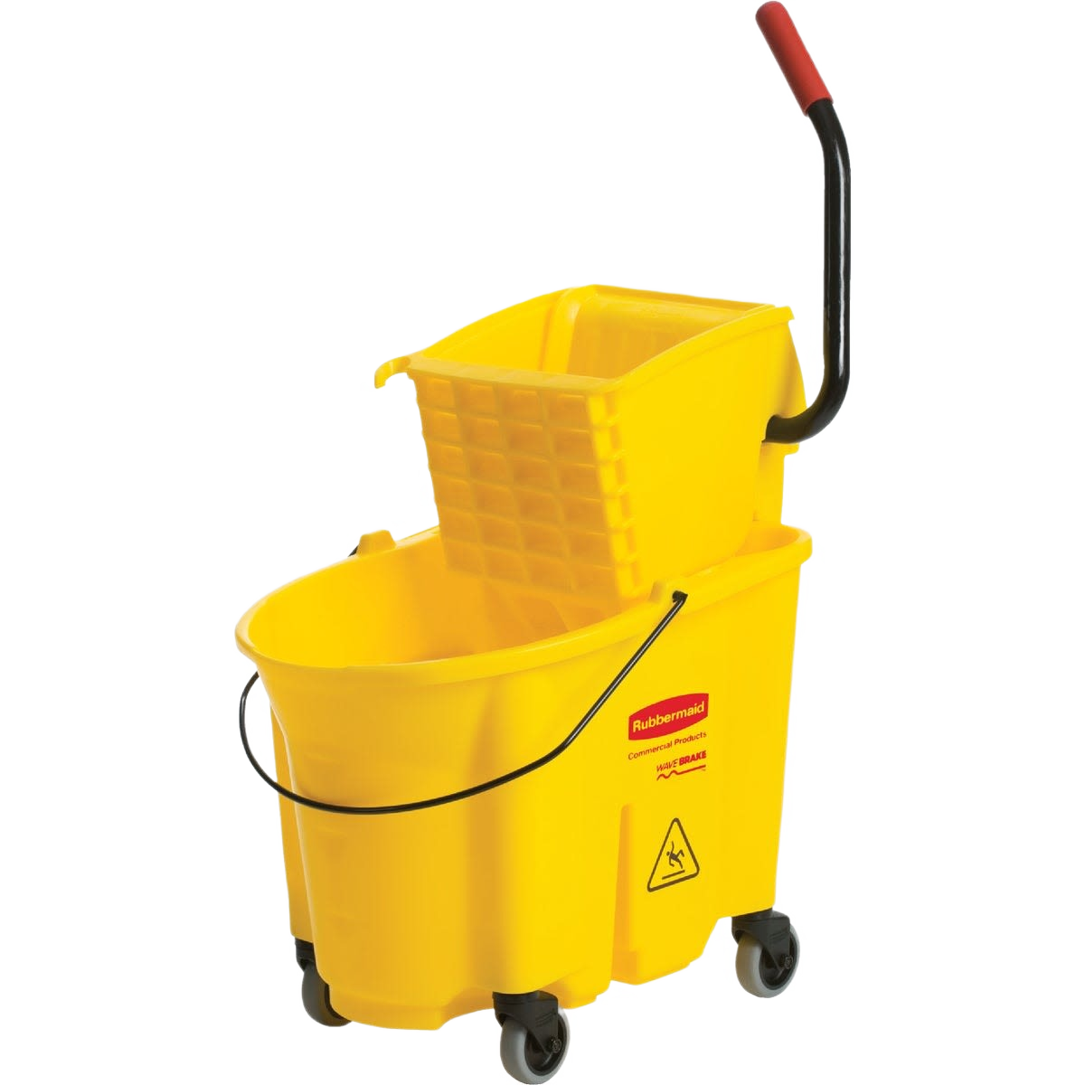 Yellow commercial mop bucket with side press wringer and black handle on caster wheels for cleaning tasks