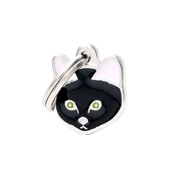 Black enameled European Shorthair cat face pet ID tag with metal ring, personalized pet tags under $50 collection