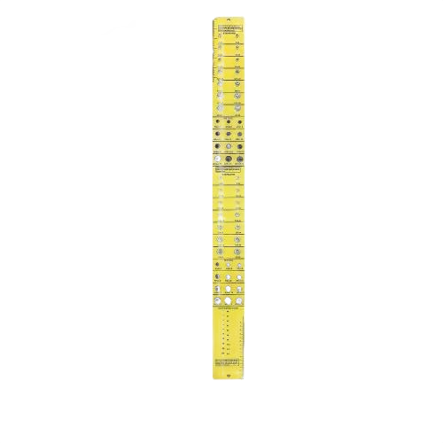 Yellow metal bolt and nut gauge tool with multiple measurement markings for hardware and fasteners collections