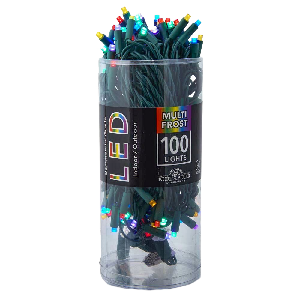 Multi-colored LED light set with 100 frost bulbs in green wiring for indoor and outdoor home decoration