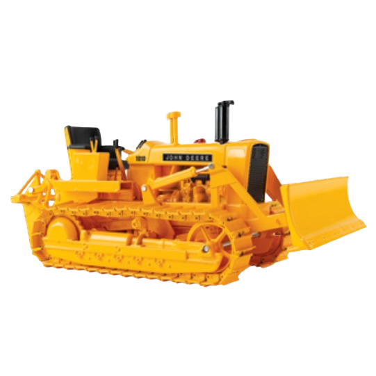 Yellow scale model of a John Deere crawler tractor with detailed tracks and front blade for display or collection