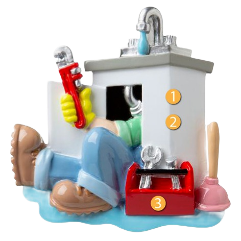 Figurine ornament of plumber fixing pipe under sink with red toolbox and plunger for Christmas Ornaments & Tree Decorations collection