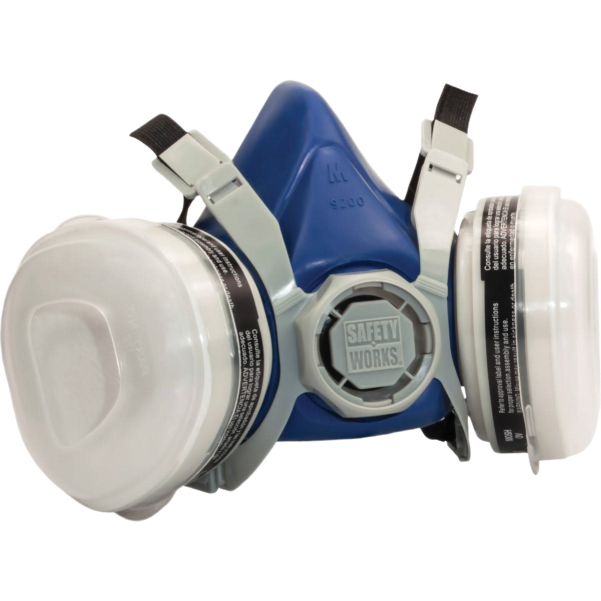 Dual-cartridge paint and pesticide respirator mask with adjustable straps and blue body for home improvement use
