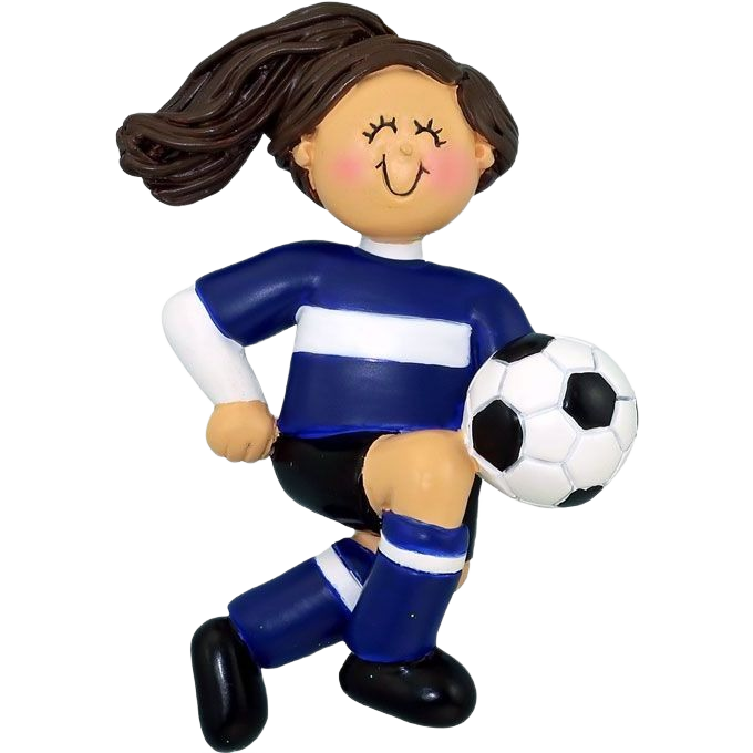 Brunette female soccer player figurine in blue and white uniform kicking ball, festive Christmas ornament under 50 dollars