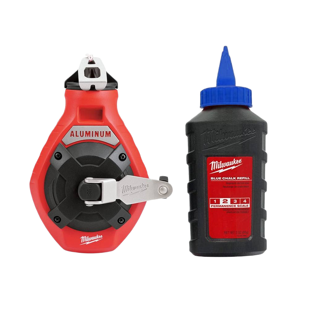 Blue chalk reel with sturdy aluminum case and blue chalk refill for precise lines in woodworking and measuring tools collections