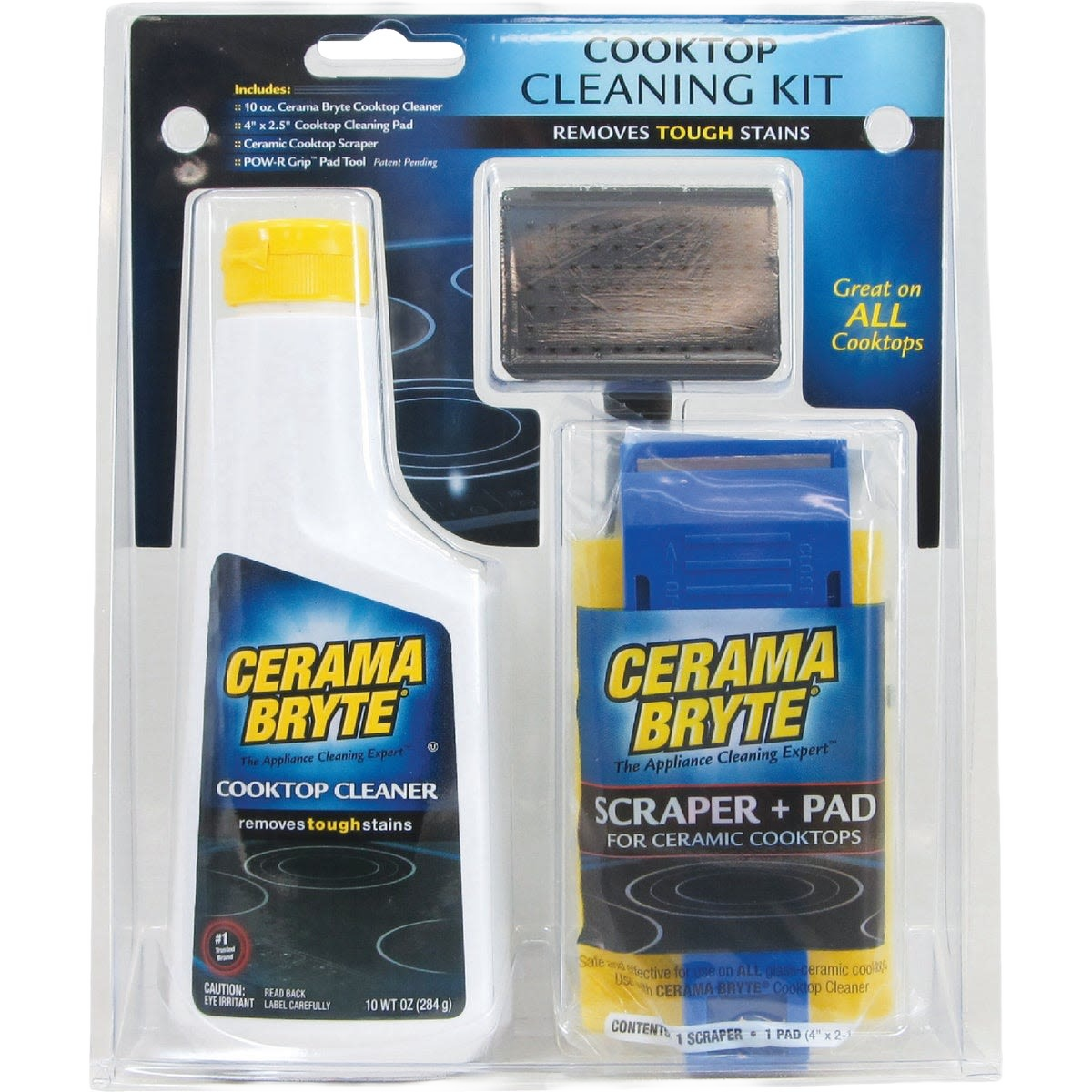 Cerama Bryte ceramic cooktop cleaning kit with cleaner bottle, scraper, and pad for tough stain removal in cleaning supplies collections