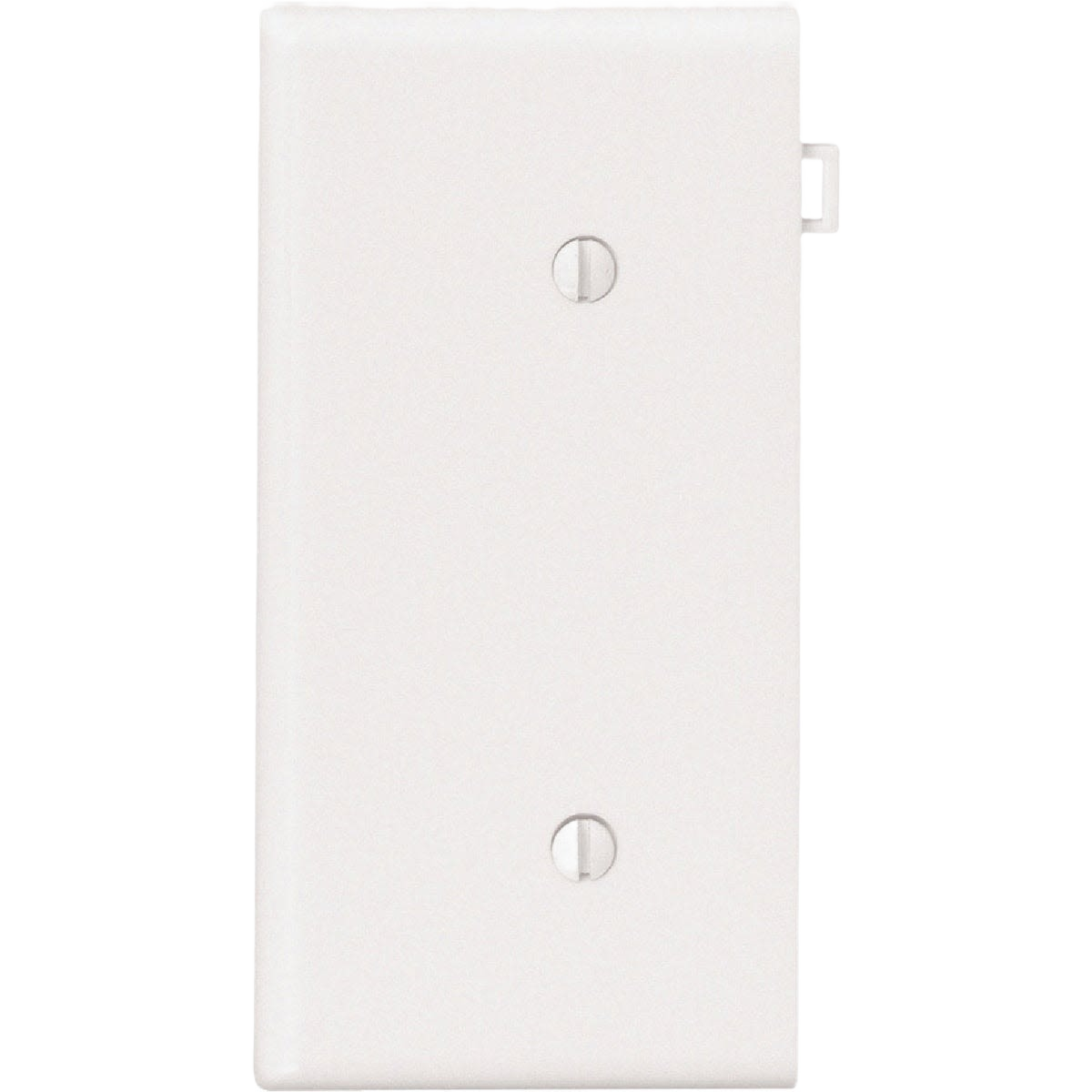 White nylon blank wall plate with two screw holes for standard 1-gang electrical box in home improvement projects