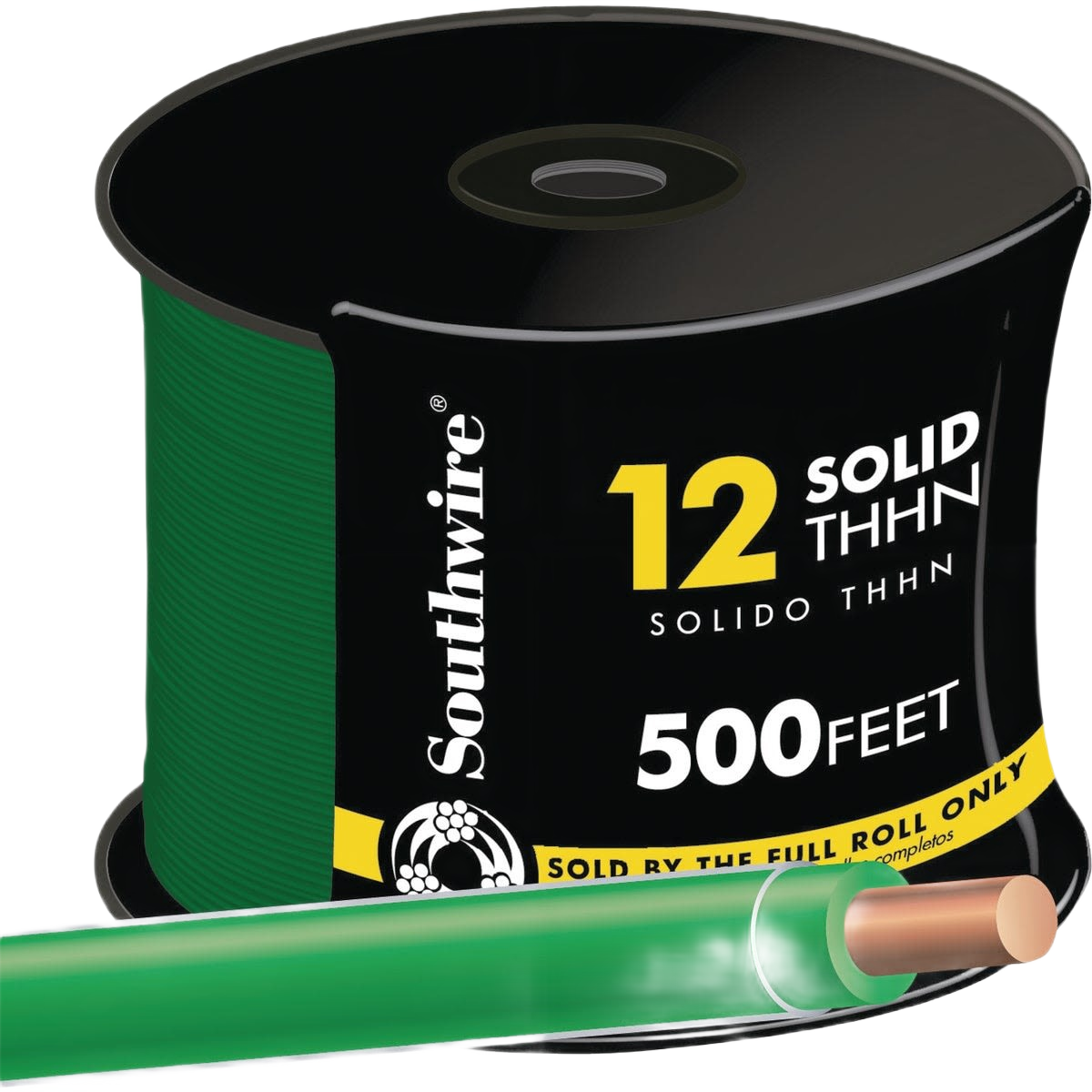 500-foot spool of green solid 12-gauge THHN wire for electrical use in home improvement projects