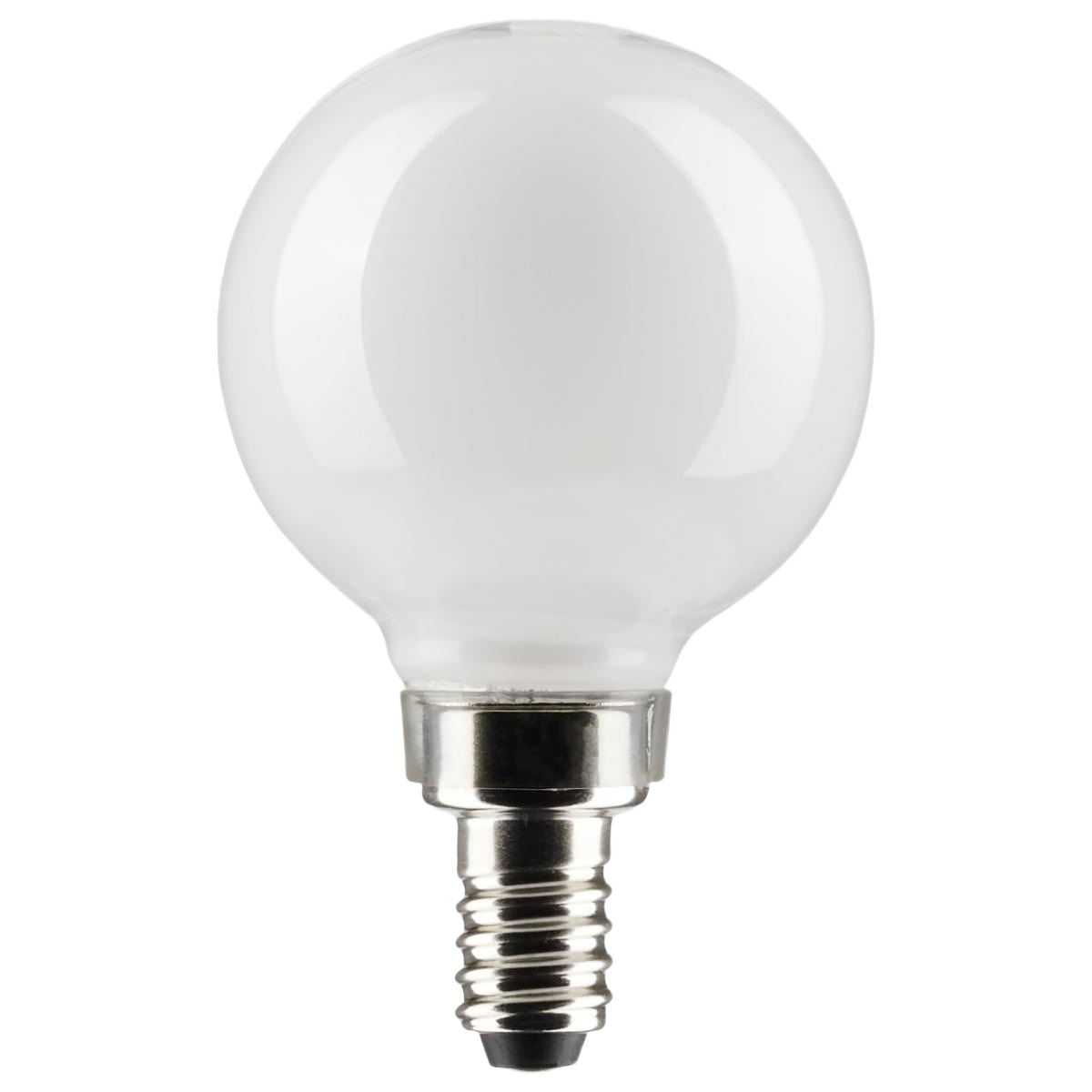 Round white LED bulb with candelabra base designed for energy-efficient home lighting and improvement tasks