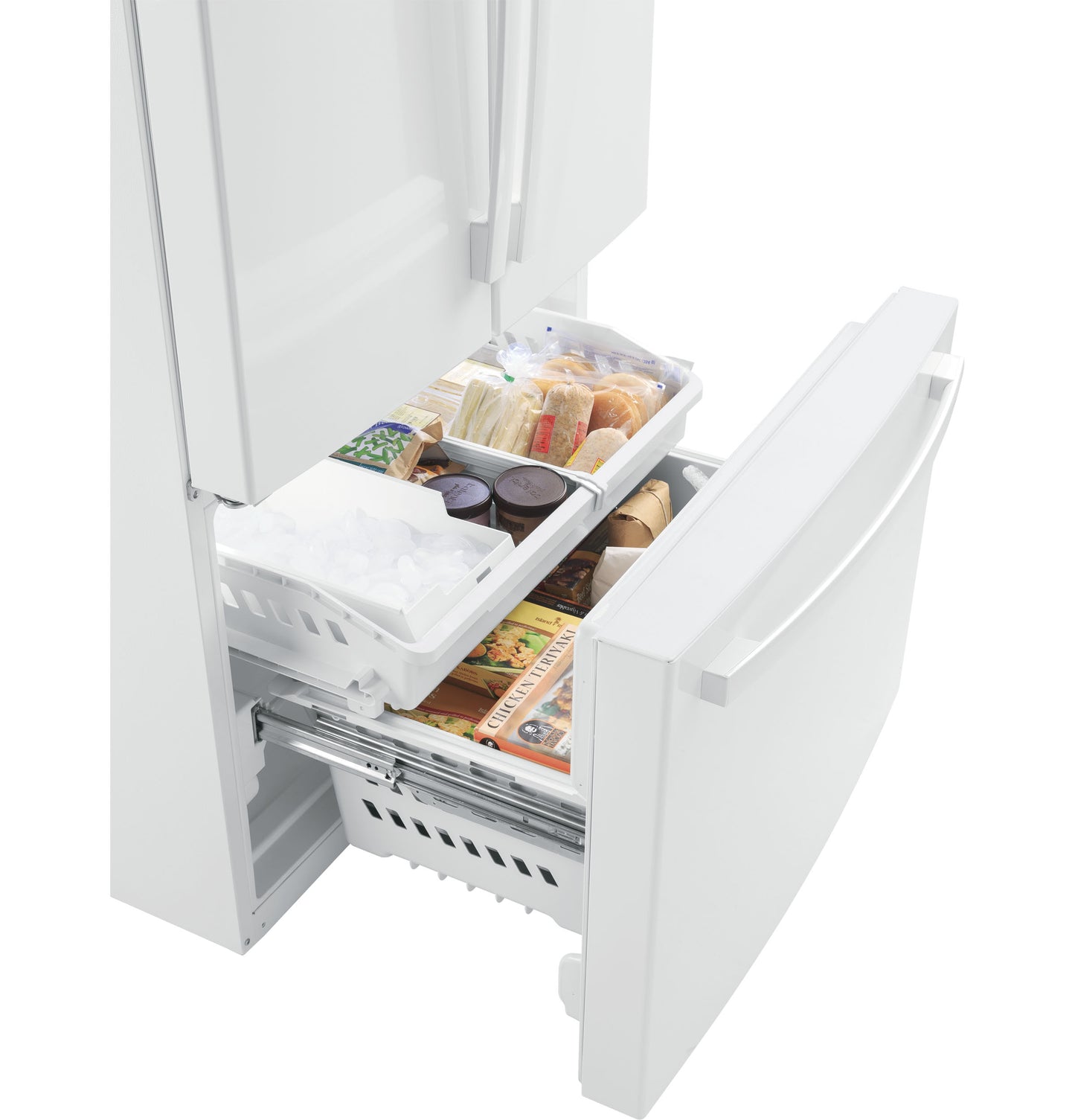 Bottom freezer compartment of white French door refrigerator showing organized frozen food storage baskets and containers